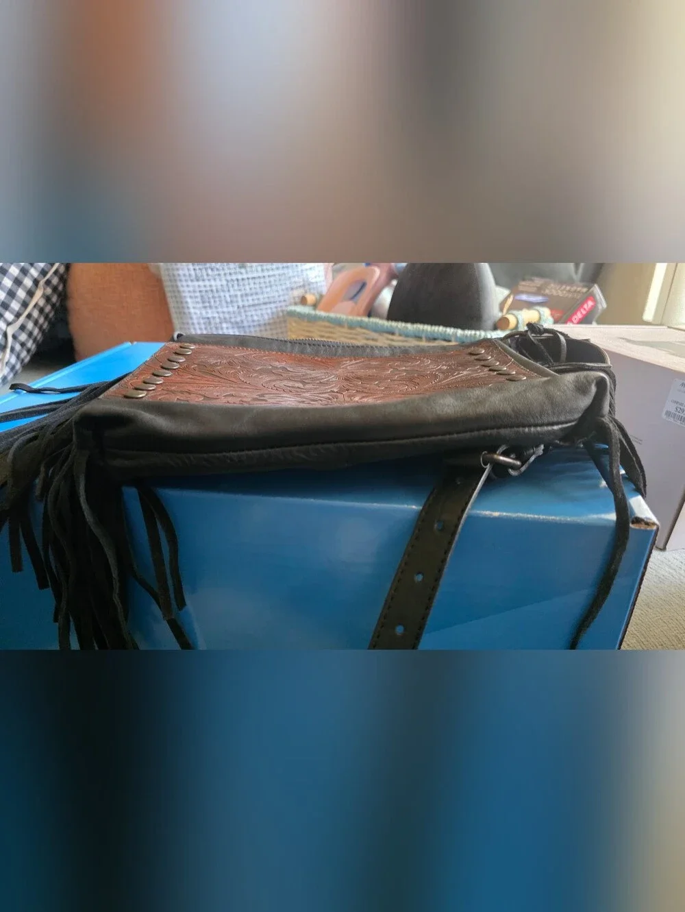 Idyllwind Black and Brown Tooled Fringe Crossbody Bag